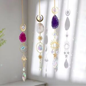 Hanging sun catcher home decoration gold with pink agate stone & crystals SALE